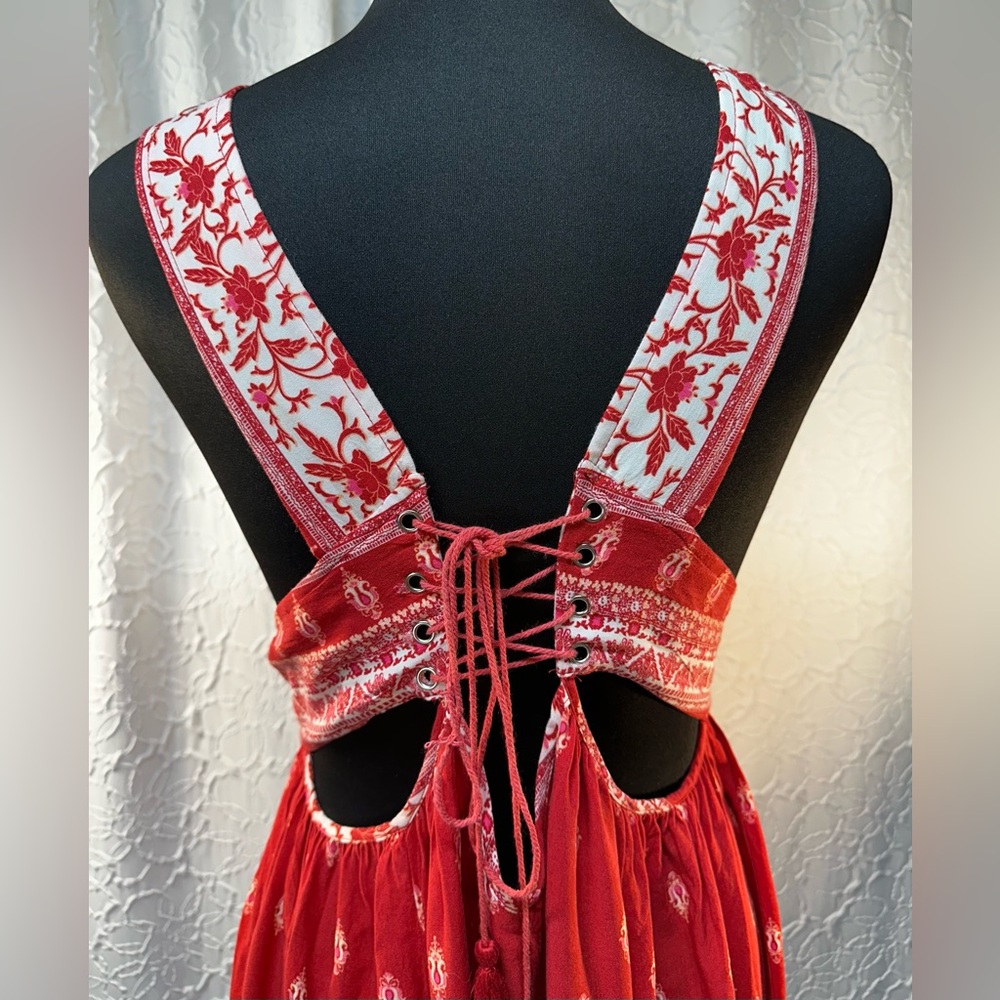 LULUS- Boho Red 🌹Floral Deep V-Neck Mini Dress (L) - Picture 9 of 13